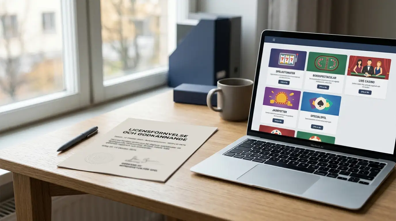 Casino utan Spelpaus 2026 – neutralt licensdokument bredvid laptop med generisk casinolobby